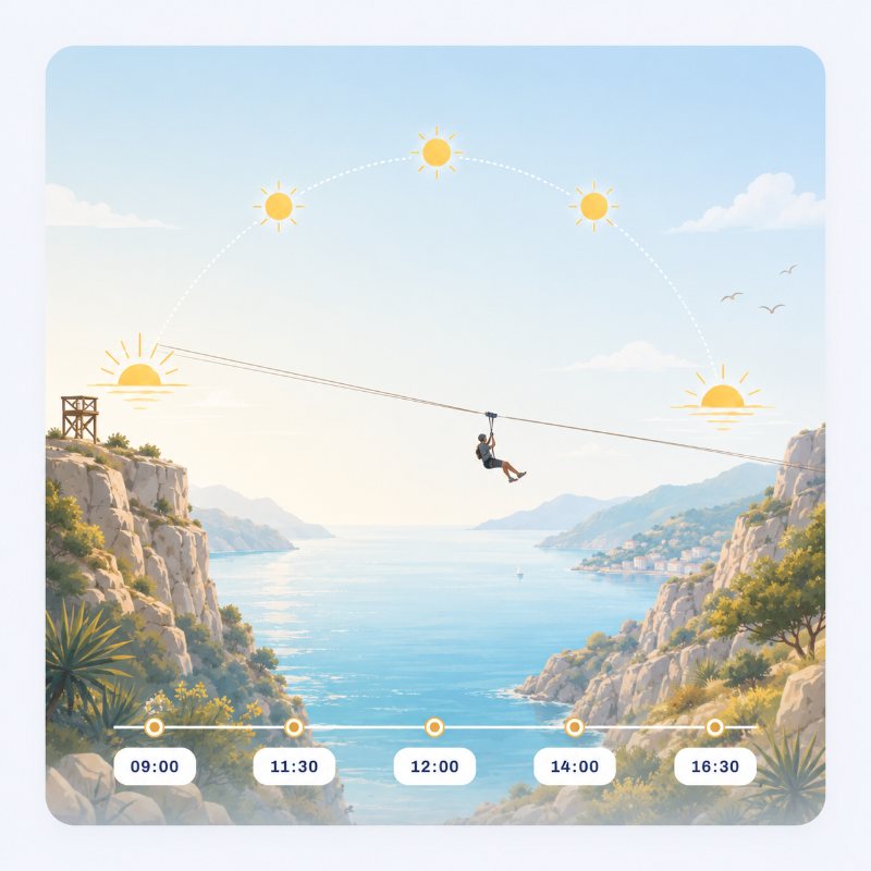 Sun arcing over the canyon through a day of zipline slots