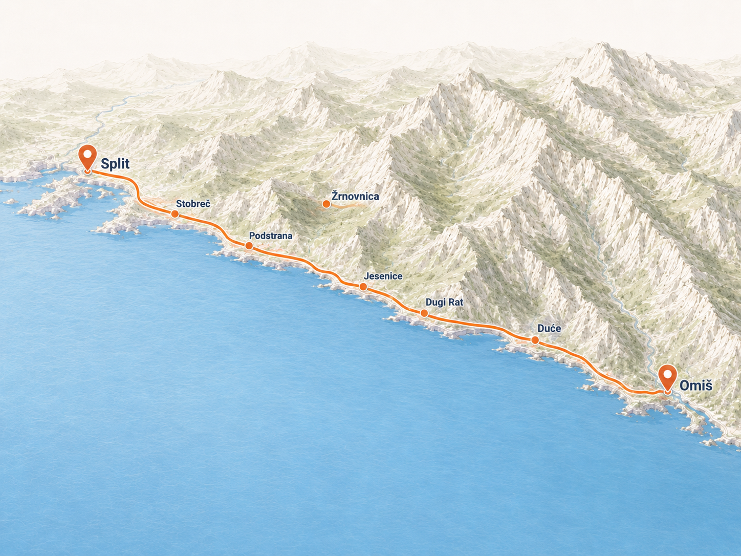 Map of the coastal route from Split to Omiš along the Adriatic